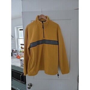 #54 vintage Izod Men's Large Yellow Fleece pullover Grey stripe 100% Polyester
